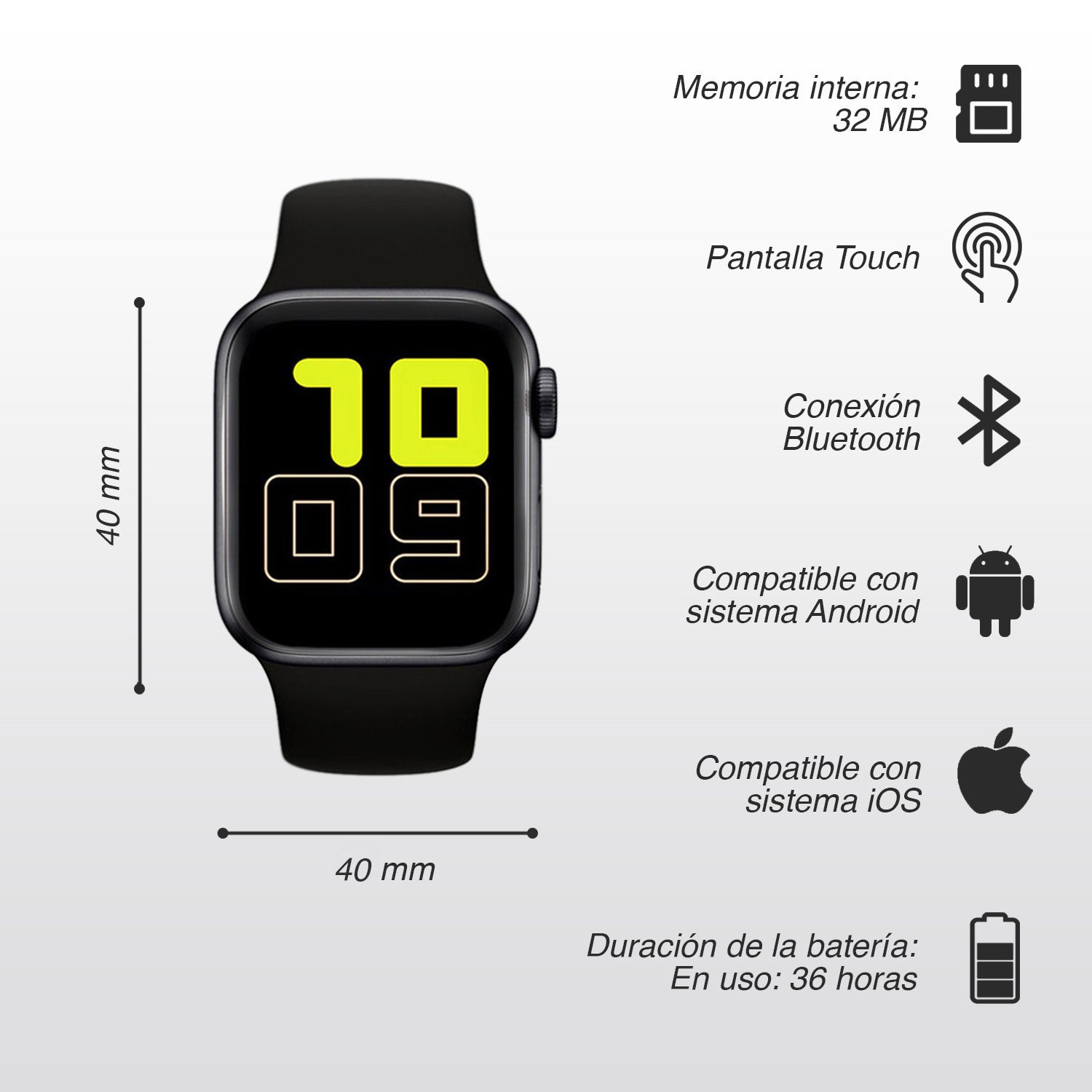 Smartwatch Reloj T500-Tactil NEGRO