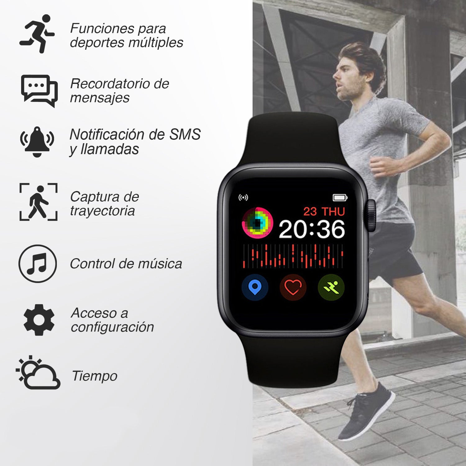 Smartwatch Reloj T500-Tactil NEGRO